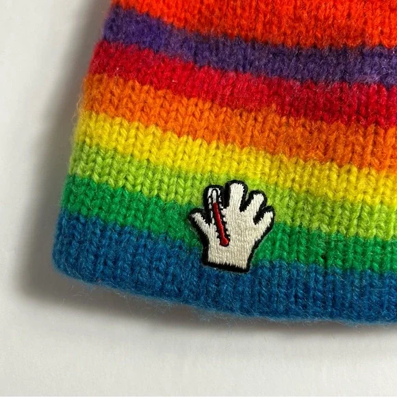 Vintage Rainbow Pom Pom Hat Beanie Striped Wool - Picture 2 of 7